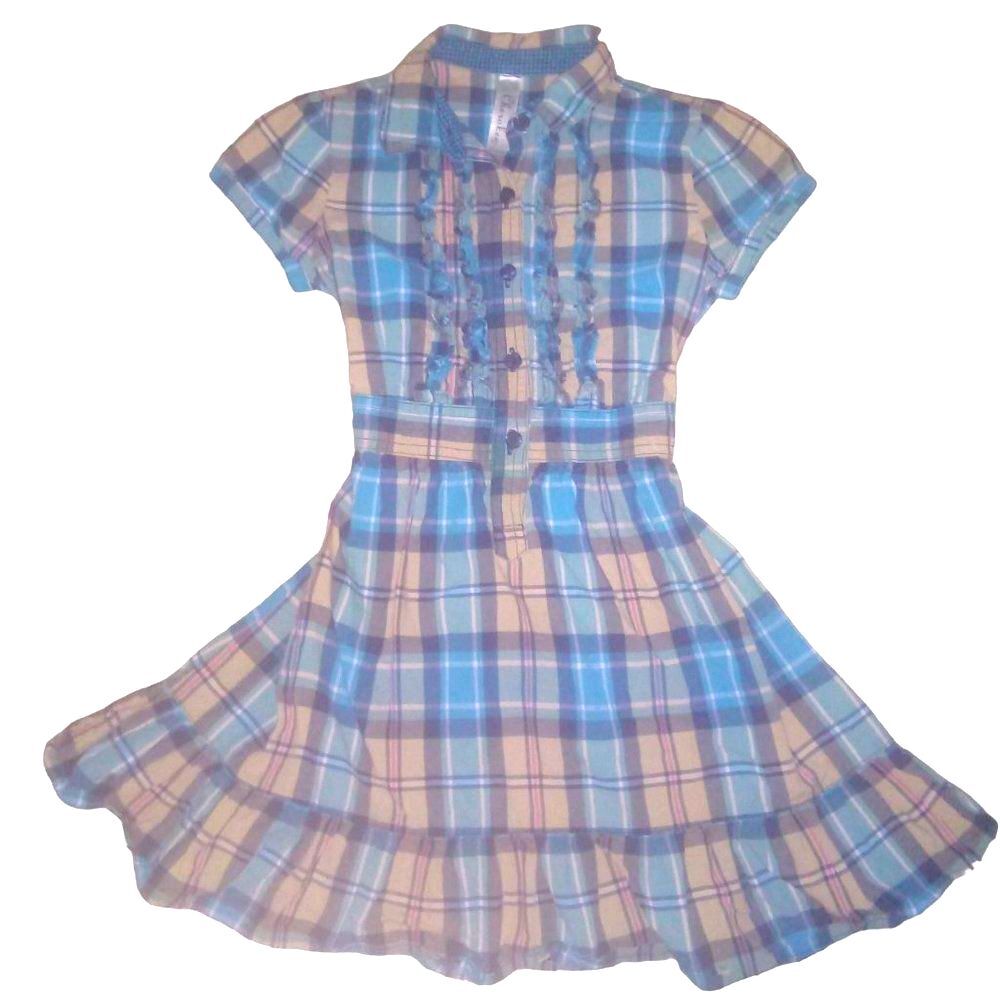 Cherokee Girls Small 6/6X Tan Blue Plaid Button‑Front Ruffle Cotton Dress